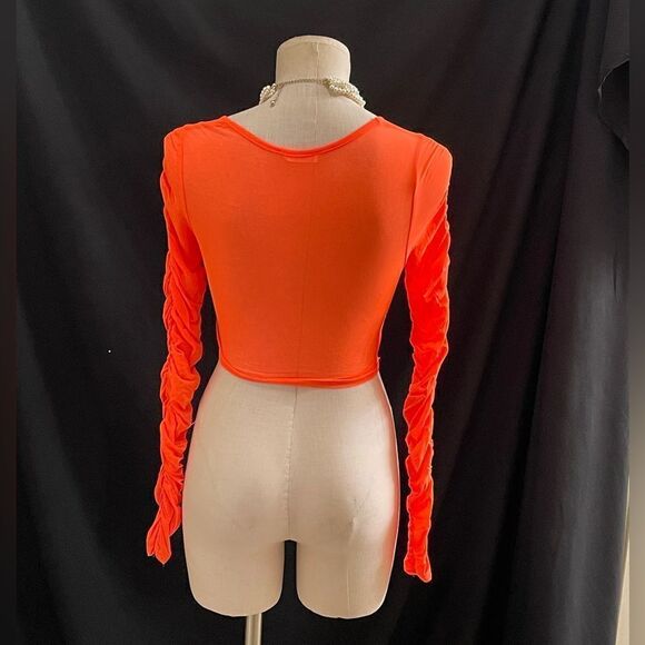 Vibrant Neon Orange Mesh Cutout Crop Top - Bold & Eye-Catching! - Picture 3 of 3